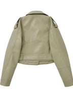 2025 Short Faux Leather Jacket Spring Autumn American Retro Temperament Biker Jacket Top Women'S Clothing - Light Green
