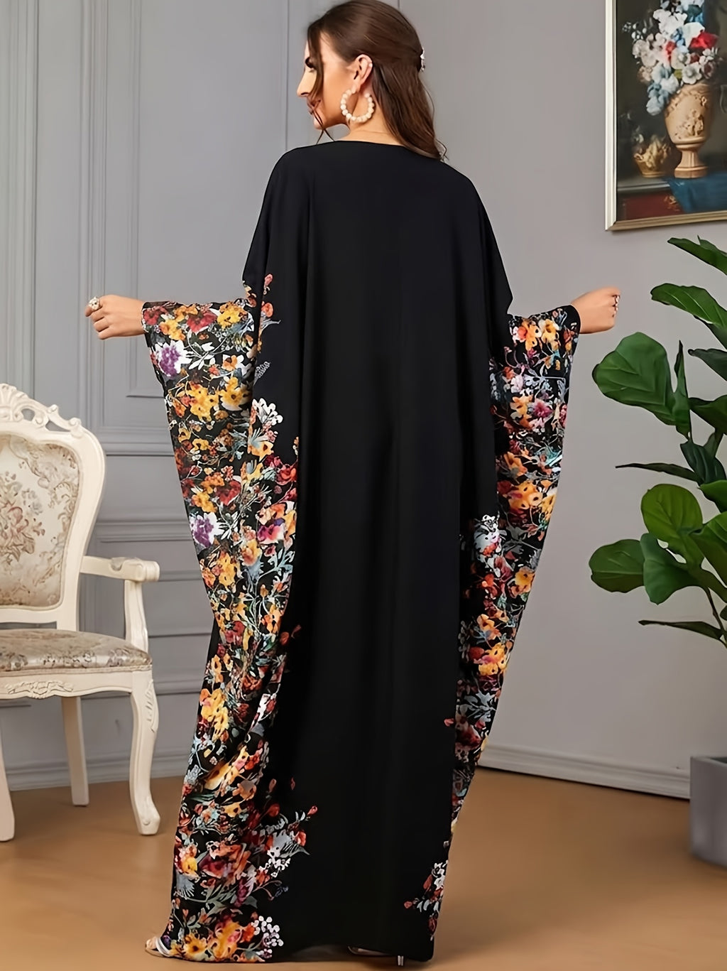 1pc Floral Print Crew Neck Abaya, Elegant Batwing Sleeve Split Maxi Dress, Women'S Clothing Maxi Abaya Dress Modest Prayer Dress for Muslim Women | Batwing Sleeves And Elegant Swing Hem for Everyday Outings And Travel Outfits - Black