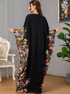 1pc Floral Print Crew Neck Abaya, Elegant Batwing Sleeve Split Maxi Dress, Women'S Clothing Maxi Abaya Dress Modest Prayer Dress for Muslim Women | Batwing Sleeves And Elegant Swing Hem for Everyday Outings And Travel Outfits - Black