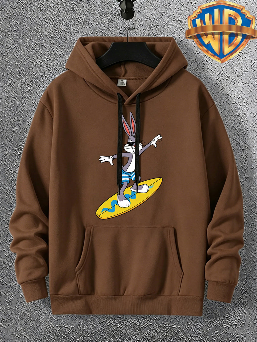 Warner Bros. Official Men's Autumn Hooded Sweatshirt, with Ribbed Cuffs, Breathable Polyester Fabric, Summer Beach Surfing Anime Print, Suitable for Casual and Sporty Outfits, Friend Gatherings, and Daily Shopping, Pocket Storage - Coffee Color