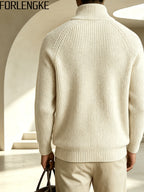 FORLENGKE Men's Half-Zip Sweater with Stand Collar & - High-Elastic Pullover, Half-Zipper Front Suitable for Outdoors, Dates, Casual Wear, Solid Color Base Layer Sweater for Fall/Winter Layering (Dry Care) - Apricot