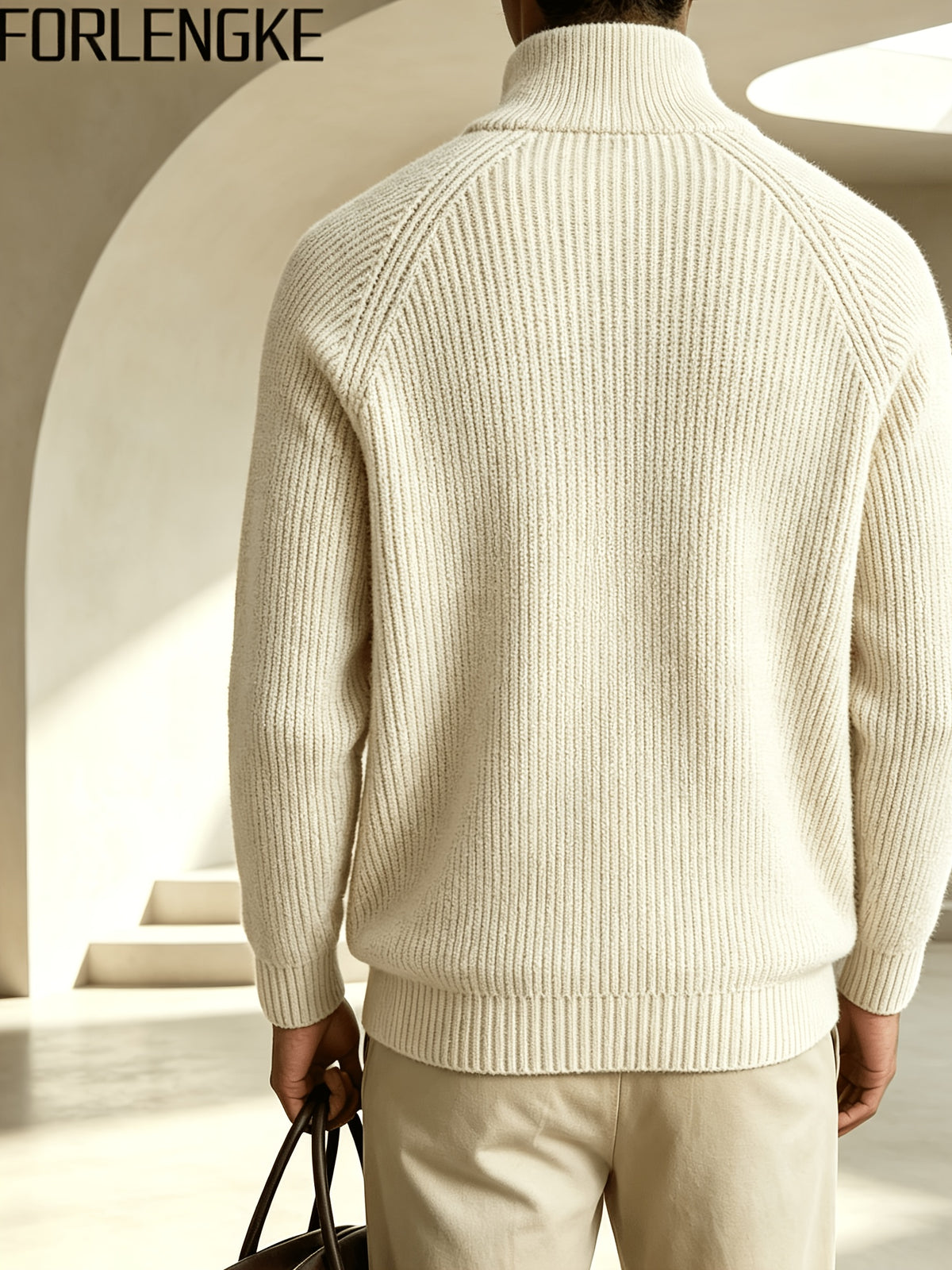 FORLENGKE Men's Half-Zip Sweater with Stand Collar & - High-Elastic Pullover, Half-Zipper Front Suitable for Outdoors, Dates, Casual Wear, Solid Color Base Layer Sweater for Fall/Winter Layering (Dry Care) - Apricot