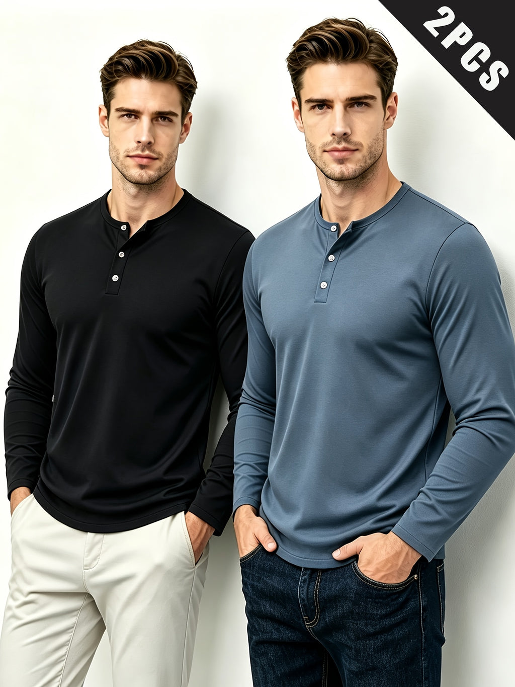 2pcs Men's Casual Versatile Henry Long Sleeved Clothing, Simple and Versatile, Comfortable and Breathable Fabric, Plus Size Men's Clothing, Suitable for Daily Commuting Men's Clothing. - Black+gray
