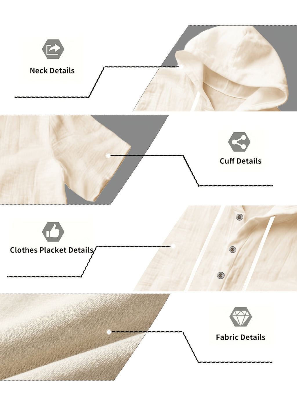 Men'S Summer Hooded Short Sleeve T-Shirt, Henley Collar Half-Open Placket Button Design, Drawstring Decor Breathable Comfortable Loose Casual Home Vacation Top, Holiday Gift - Khaki