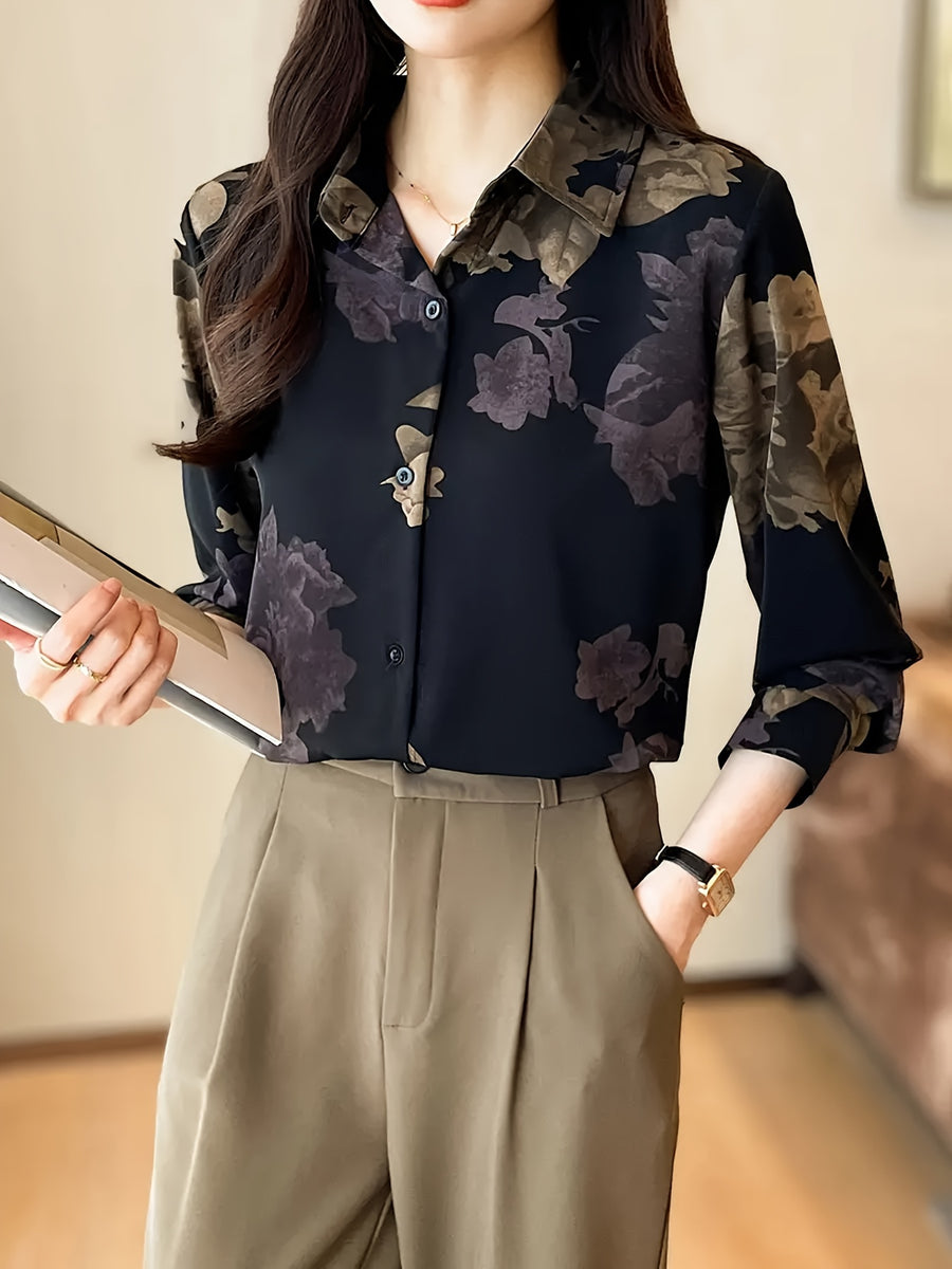 Vintage Design Printed Long-Sleeve Loose Fit Elegant Shirt Top, New Spring/Autumn Style - Mixed colors