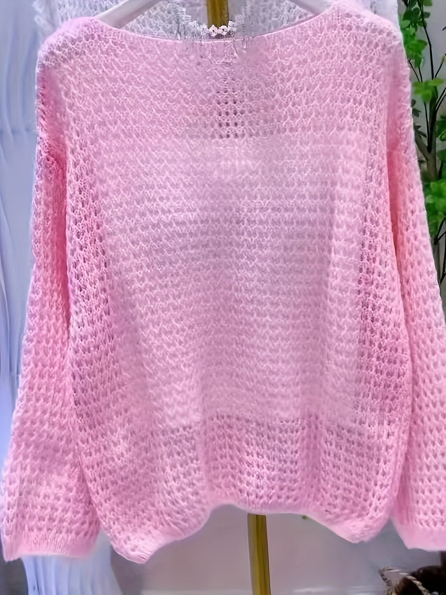 Women's New Spring/Summer Hollow-Out Solid Color One-Shoulder Pullover Knitwear, Casual Style Outer Cover-Up Shirt - Pink Color