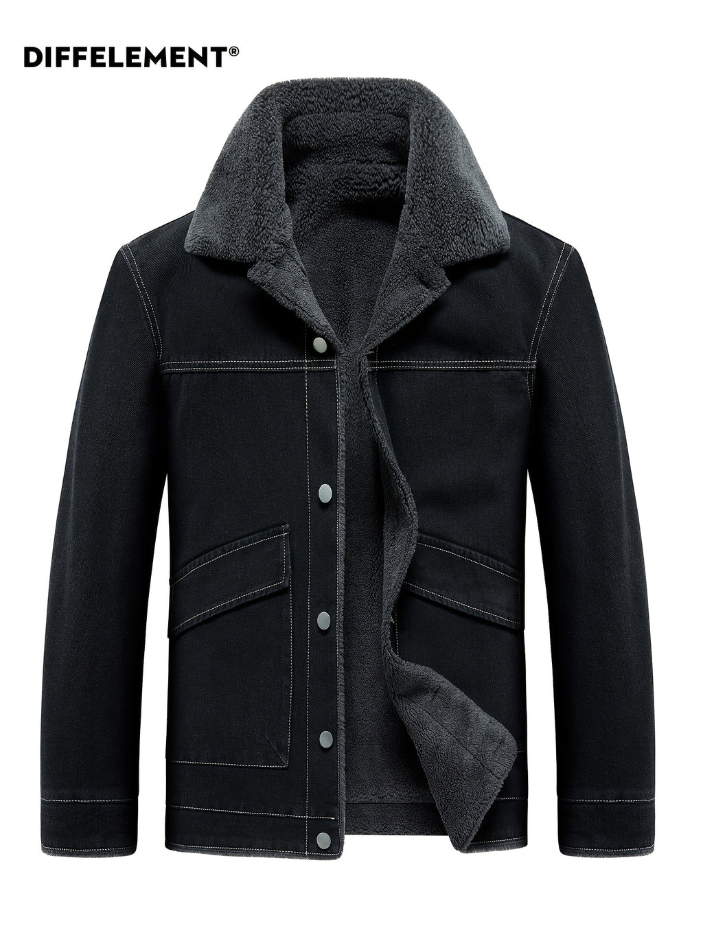 Men's Lapel Fleece-Lined Denim Jacket, Thickened for Locking in Heat, Windproof, Warm, and Cold-Resistant. Washed Denim Fabric with Composite Lining, Contrast Color Topstitching, Workwear Straight-Leg Fit. Autumn/Winter Streetwear Commuting Vintage - Black