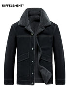 Men's Lapel Fleece-Lined Denim Jacket, Thickened for Locking in Heat, Windproof, Warm, and Cold-Resistant. Washed Denim Fabric with Composite Lining, Contrast Color Topstitching, Workwear Straight-Leg Fit. Autumn/Winter Streetwear Commuting Vintage - Black