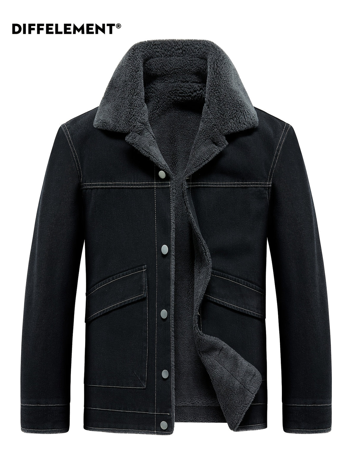 Men's Lapel Fleece-Lined Denim Jacket, Thickened for Locking in Heat, Windproof, Warm, and Cold-Resistant. Washed Denim Fabric with Composite Lining, Contrast Color Topstitching, Workwear Straight-Leg Fit. Autumn/Winter Streetwear Commuting Vintage - Black