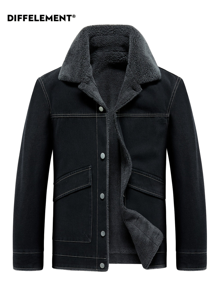Men's Lapel Fleece-Lined Denim Jacket, Thickened for Locking in Heat, Windproof, Warm, and Cold-Resistant. Washed Denim Fabric with Composite Lining, Contrast Color Topstitching, Workwear Straight-Leg Fit. Autumn/Winter Streetwear Commuting Vintage - Black