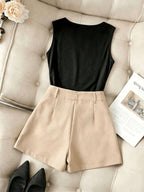 ZD260407049This New Spring/summer Women's Sleeveless Slim-fit Brown Vest Features a Ruffled Neckline and Comes with an Apricot Wide-leg Skirt. This 2pcs Outfit Is Suitable for Casual Attire, Business Occasions, Dates, and Various Other Events. - Black
