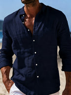 Men's 100% Pure Cotton Lapel Button-Up Long Sleeve Shirt, 2pcs Set. A Versatile Casual Top for Spring and Autumn, Suitable for Daily Wear. The Fabric Is Comfortable and Breathable, Making It Perfect for Beach Vacations and Everyday Outings - Grey+Navy Blue