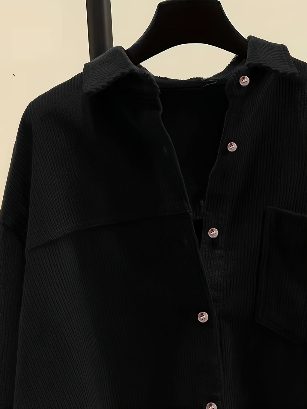 Plus Size, Women's Plus Size Corduroy Button-Front Shirt Jacket - Elegant Loose Fit Blouse, Spring Summer Fall Casual Outerwear, Machine Washable Layering Piece for to Weekend (No Bulk) - Black
