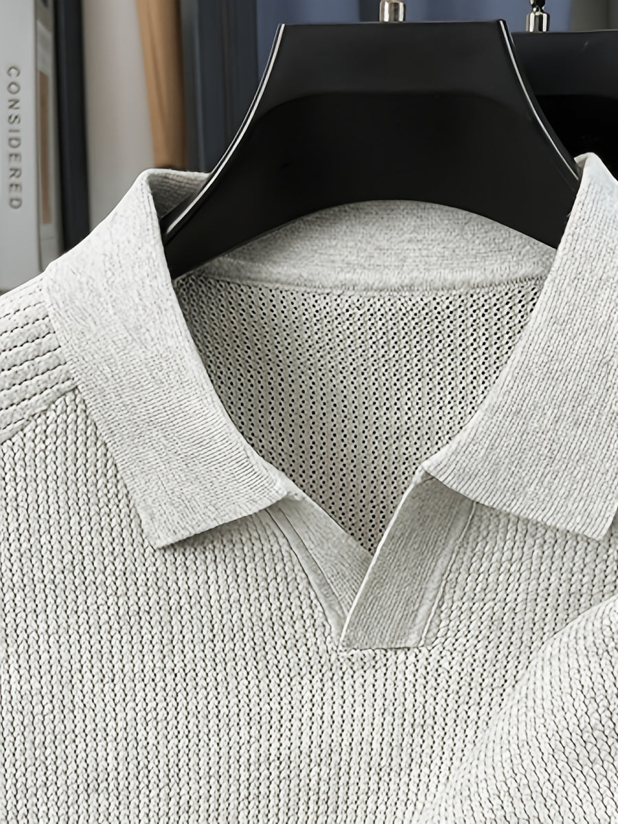 SaXing OBM Men's New Summer Style Polo Shirt, Old Money Style Textured Solid Color Ribbed Half-Placket Thin Breathable V-Neck Short Sleeve T-Shirt, Men's Fashionable Versatile Pullover Base Layer Top, Suitable for Summer Wear, Compatible with Daily - Beige gray