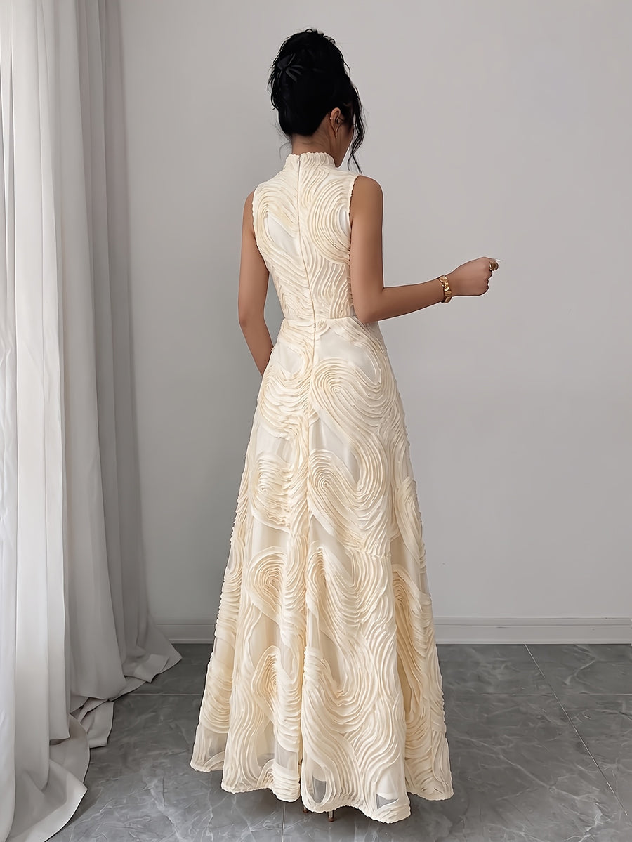 Summer New Style Stand Collar Sleeveless Elegant Evening Dress Women'S 3D Wavy Pleated Sequined Mesh Banquet Dress - Apricot