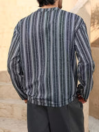 Men's Striped Stand Collar Long Sleeve Shirt, Vintage Loose Fit Casual Top, Breathable - Texture Pocket T-Shirt, Middle Eastern Style Vacation Men's Plus Size Shirt - Black