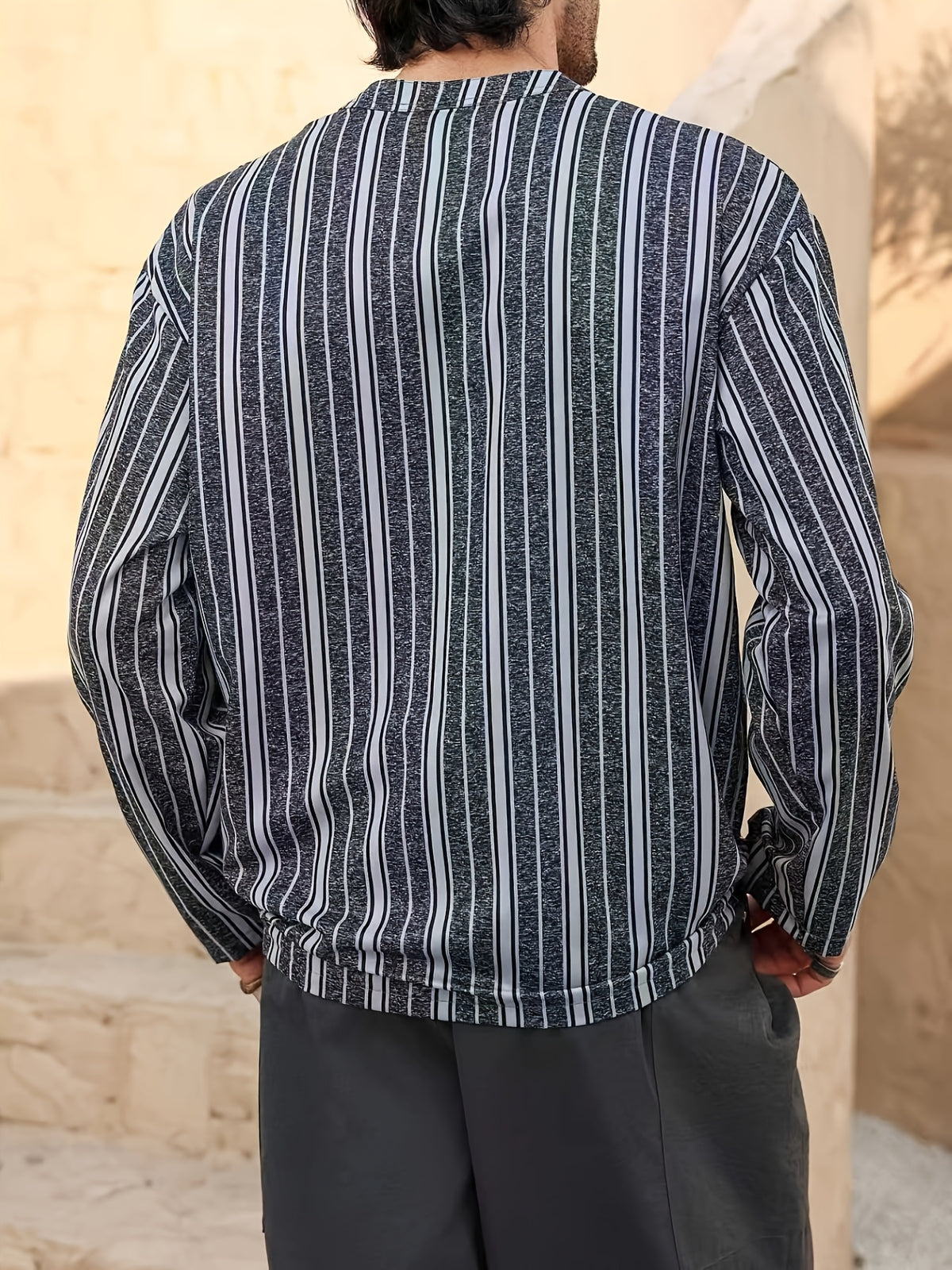 Men's Striped Stand Collar Long Sleeve Shirt, Vintage Loose Fit Casual Top, Breathable - Texture Pocket T-Shirt, Middle Eastern Style Vacation Men's Plus Size Shirt - Black