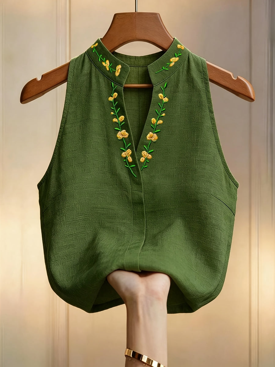Women's Floral Embroidered Stand Collar Sleeveless Blouse, Embroidered Top, Elegant Summer Outfit, Office and Commuting Attire, Pretty Blouse, Casual Elegance, Shirt - Green