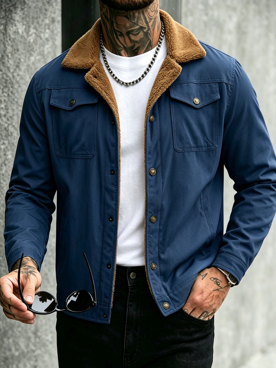 2026 European American New Men'S Mature Stable Fleece Warm Jacket Cargo Casual Easy Outing Commuting Coat - Royal Blue