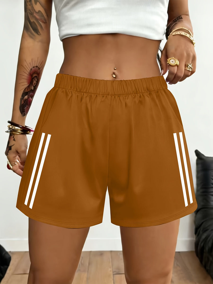 2026 Spring/Summer New Women'S Bottoms Minimalist Fashion White Striped Print Light Daily Home Leisure Comfortable Elastic Waist Shorts with Pockets on Both Sides - Rust