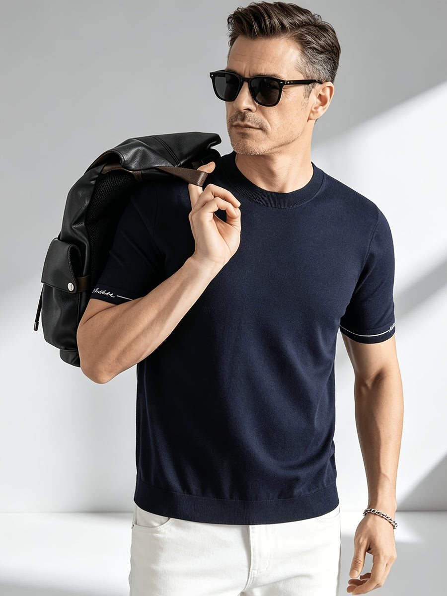 Business-casual Men's Crew Neck Short-sleeve Knit T-shirt, Slim-fit Lightweight and Breathable Knit Top, with Contrast-color Stitching and Letter Embroidery on the Cuffs, Suitable for Daily Wear, Office, and Weekend Outings in Summer - Shangqing