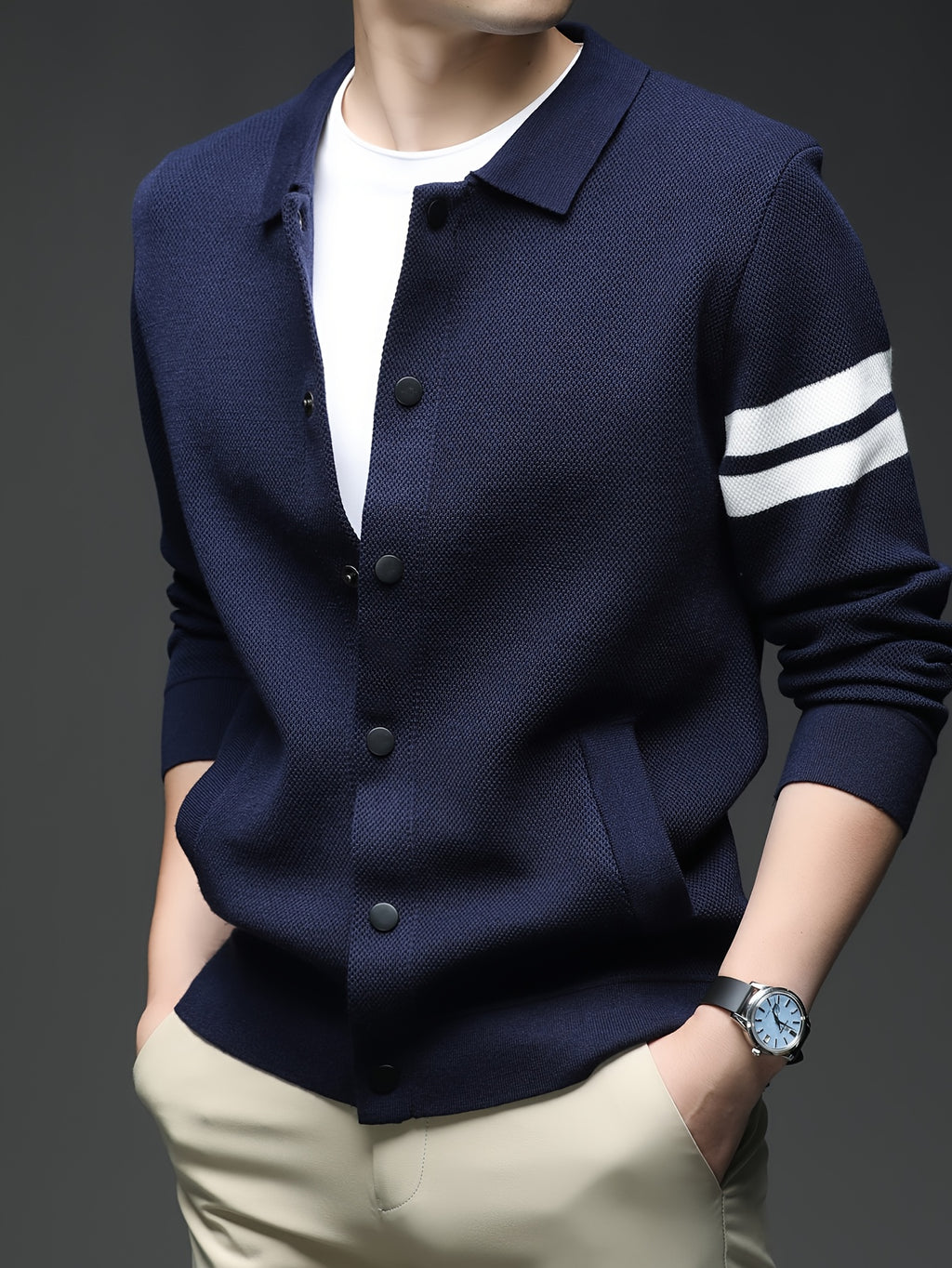 Star Dense Autumn-Winter Men's Striped Buttoned Open Front Long Sleeve Casual Turn Collar Knitted Cardigan, Mens Sleeveless Cardigans, Open Front Cardigan for Men, Cardigan, Men Plus Size Cardigan, Plus Size Mens Cardigan, Winter Wardrobe - Shangqing