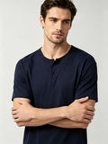 Short Sleeve T-Shirt Henley Collar Half-Open Round Neck Summer New Round Neck Solid Color Men'S Thin Top Athletic Short Sleeve Men'S Loose Plus Size Fitness Slim T-Shirt Henley Button-Up Collar Base Layer Training Trendy - Navy Color