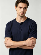 Short Sleeve T-Shirt Henley Collar Half-Open Round Neck Summer New Round Neck Solid Color Men'S Thin Top Athletic Short Sleeve Men'S Loose Plus Size Fitness Slim T-Shirt Henley Button-Up Collar Base Layer Training Trendy - Navy Color