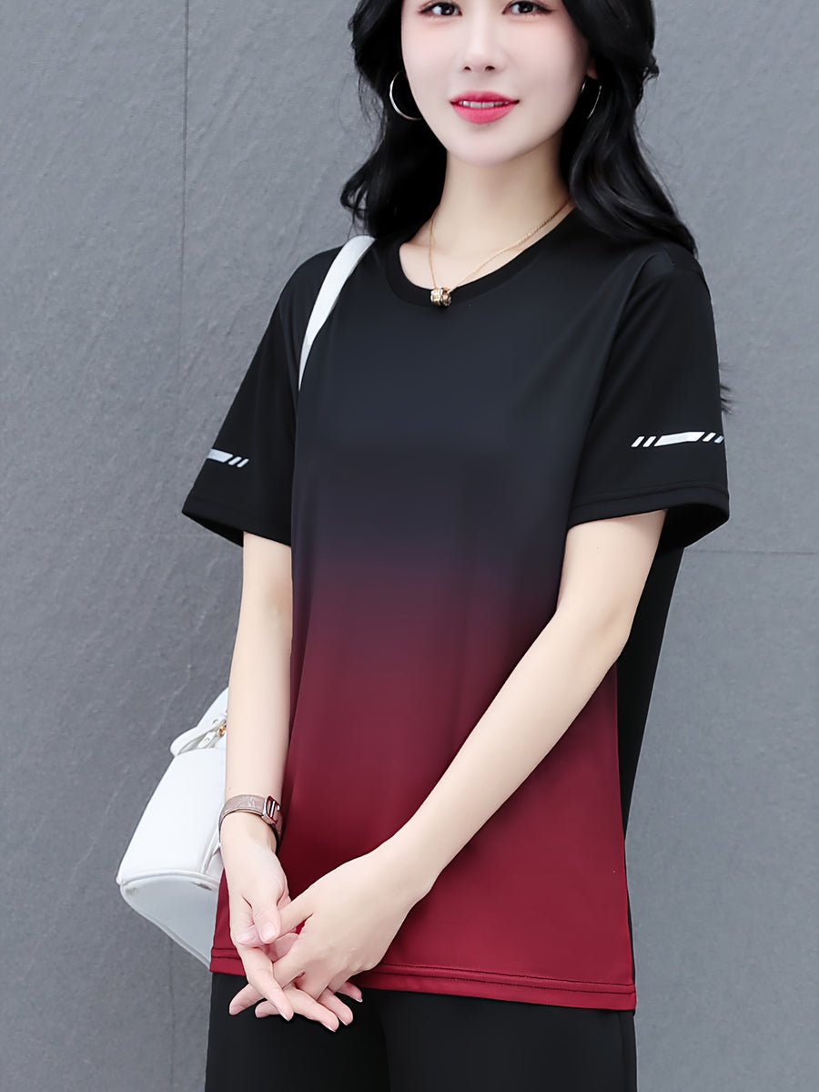 Women's Summer Casual Loose-Fit T-Shirt - Breathable Short Sleeve Round Neck Color-Block Top with Contrast Sleeves, Lightweight H-Line Silhouette for & Casual Attire, Ladies T Shirts, Relaxed Fit, Comfortable Fabric, Loose Fit Tee, Comfortable Wear - Black And Red Gradient