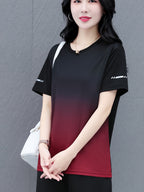 Women's Summer Casual Loose-Fit T-Shirt - Breathable Short Sleeve Round Neck Color-Block Top with Contrast Sleeves, Lightweight H-Line Silhouette for & Casual Attire, Ladies T Shirts, Relaxed Fit, Comfortable Fabric, Loose Fit Tee, Comfortable Wear - Black And Red Gradient