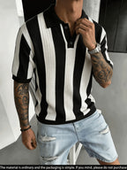 Men'S Knit Short Sleeve Color-Block Pinstripe Polo Collar Casual Loose Business Commute Knit Pullover Top - Black