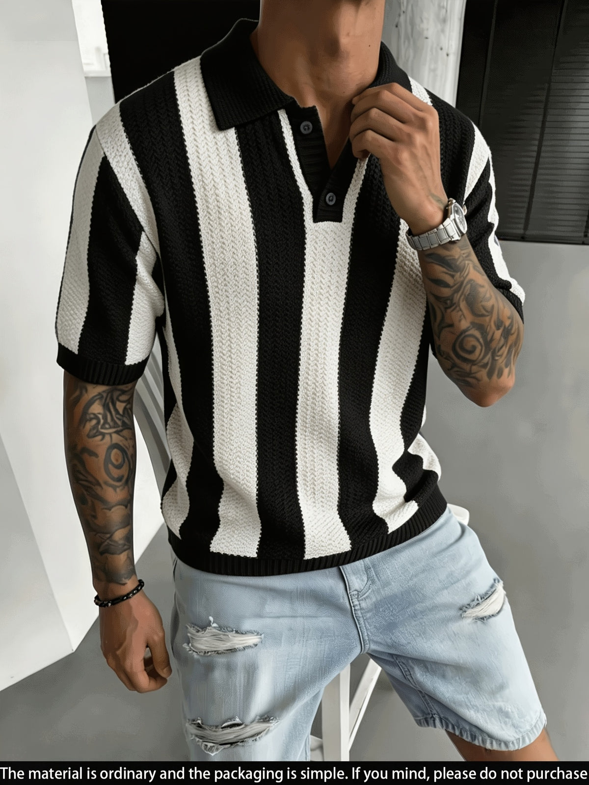 Men'S Knit Short Sleeve Color-Block Pinstripe Polo Collar Casual Loose Business Commute Knit Pullover Top - Black