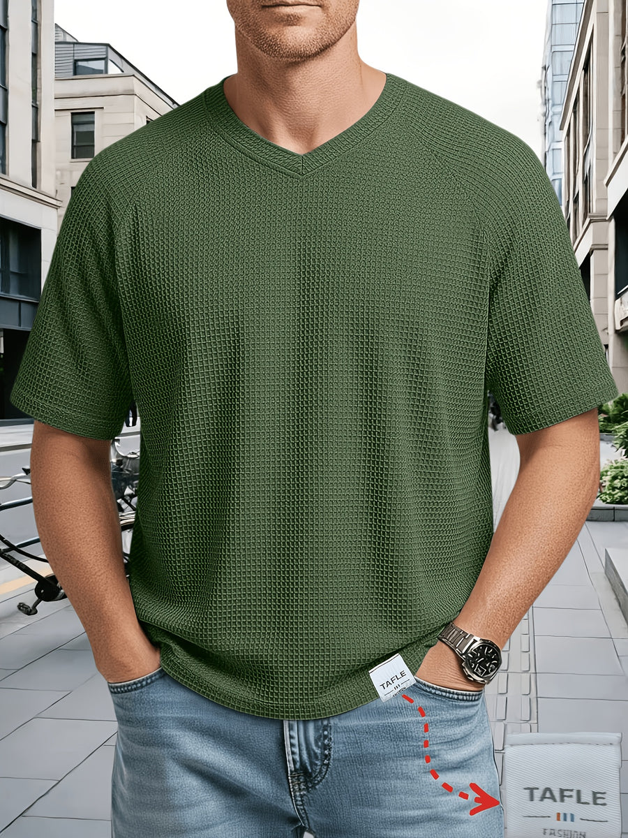 Men's Large Waffle Knit Chicken-Heart Neck T-Shirt - Loose Fit Short Sleeve Crew Neck Shirt with Hem Logo Decoration, Breathable Summer Casual & Sportswear, Solid Color Suitable for Gym, Casual Attire, Machine Washable - Army Green