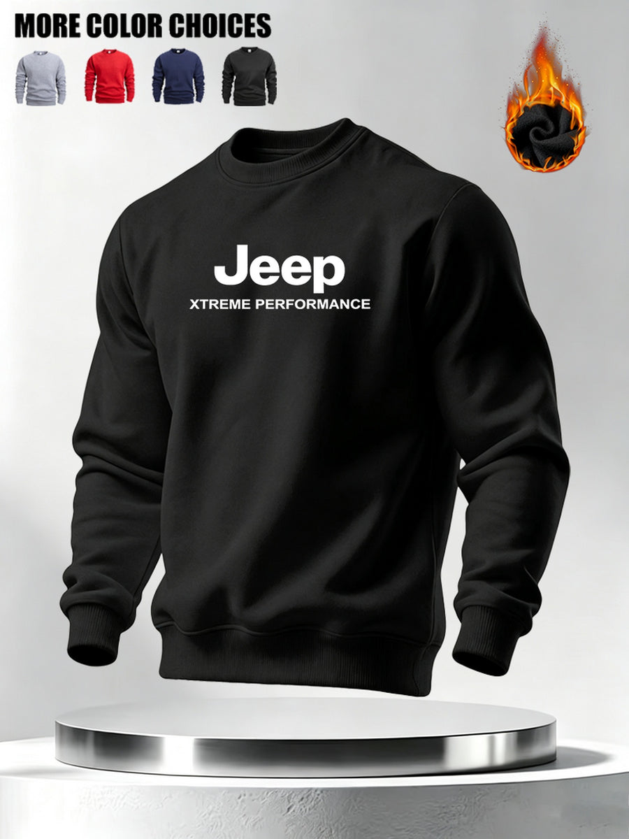 Autumn Winter Men'S Thickened Fleece Round Neck Sweatshirt JEEP Letter Print Loose Long Sleeve Pullover 4 Colors Available Soft Skin-Friendly Daily Commute Inner Outerwear All-Match Warm Casual Base Layer Top - Black
