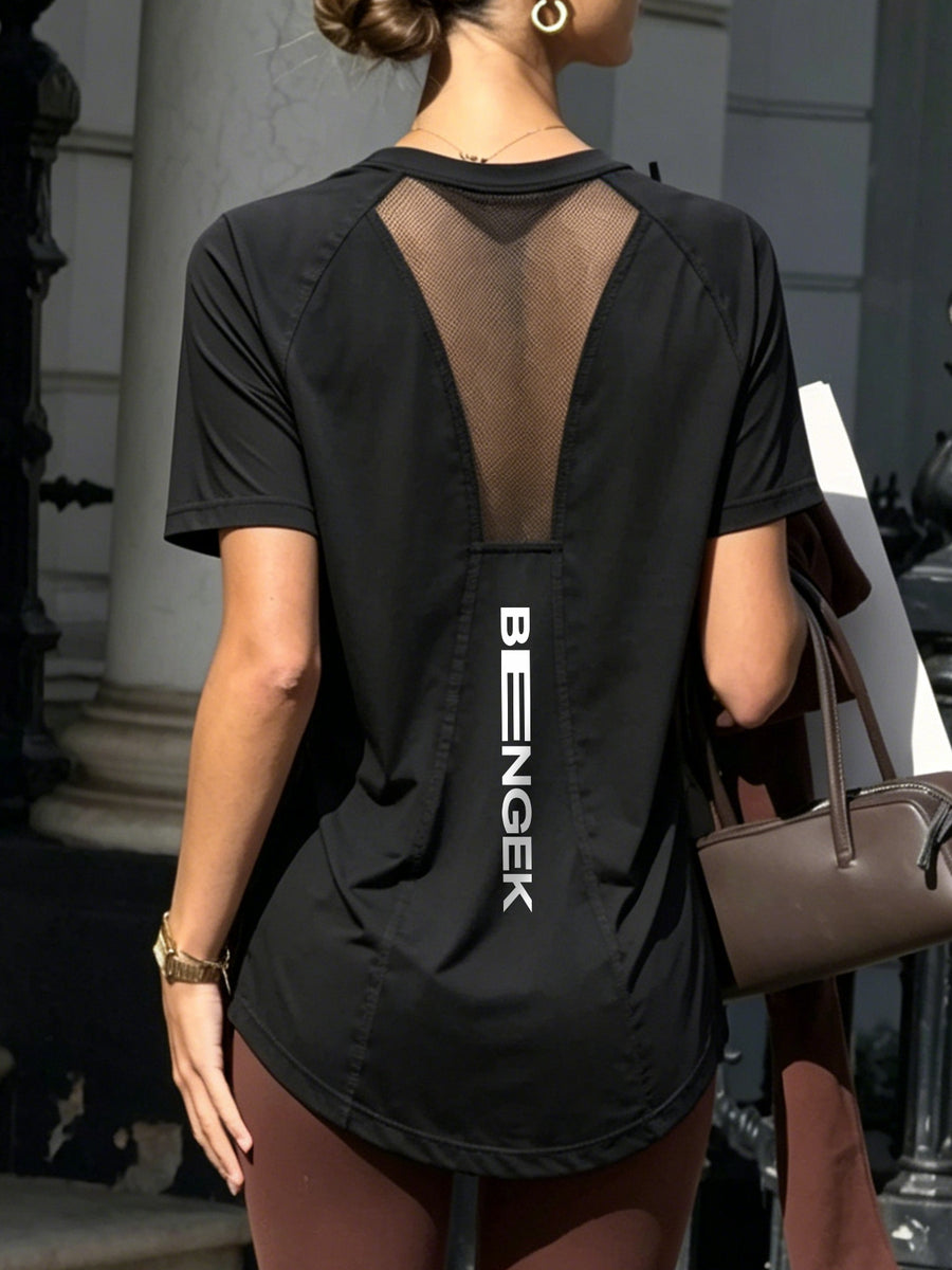 Mesh Panel Backless Athletic Top with Vertical Letter Print, Breathable Fitness Running Yoga Casual Versatile Short Sleeve T-Shirt for Women - Black