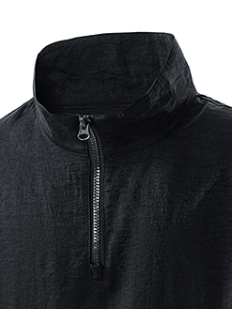 Summer New Versatile Stand-Up Collar Men'S T-Shirt Loose Thin Short Sleeve Half-Zipper Breathable Top - Black