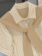 Women's Summer Striped Collar Loose Casual Shirt - Lightweight Machine Washable Top with Gray-White Vertical Stripes, Spring/Summer Wear - Multicolor