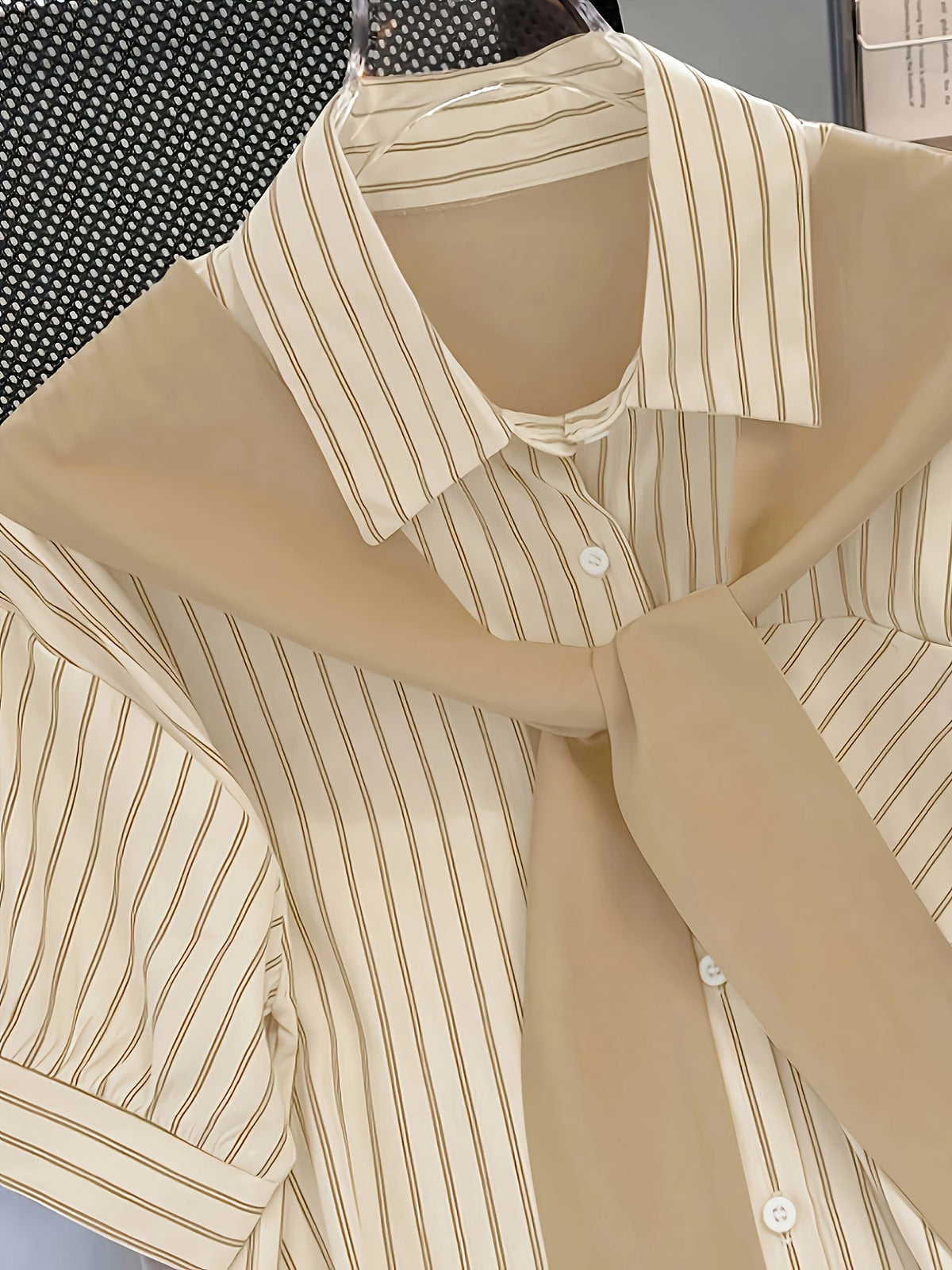 Women's Summer Striped Collar Loose Casual Shirt - Lightweight Machine Washable Top with Gray-White Vertical Stripes, Spring/Summer Wear - Multicolor
