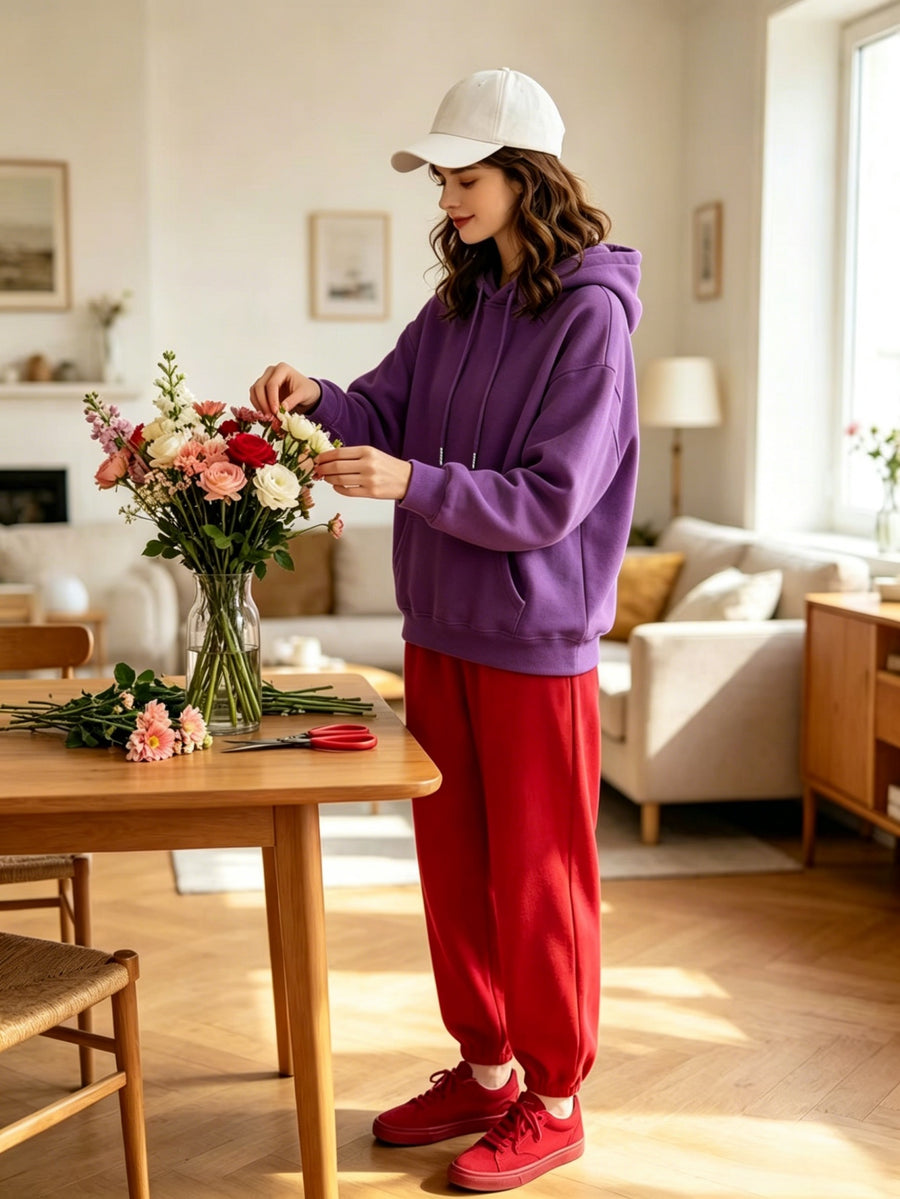 Lazy Style Loose Sweatshirt and Sweatpants Set, Long Sleeve Hooded Top and Jogger Pants, Daily Running Sportswear - Purple hoodie + red sweatpants