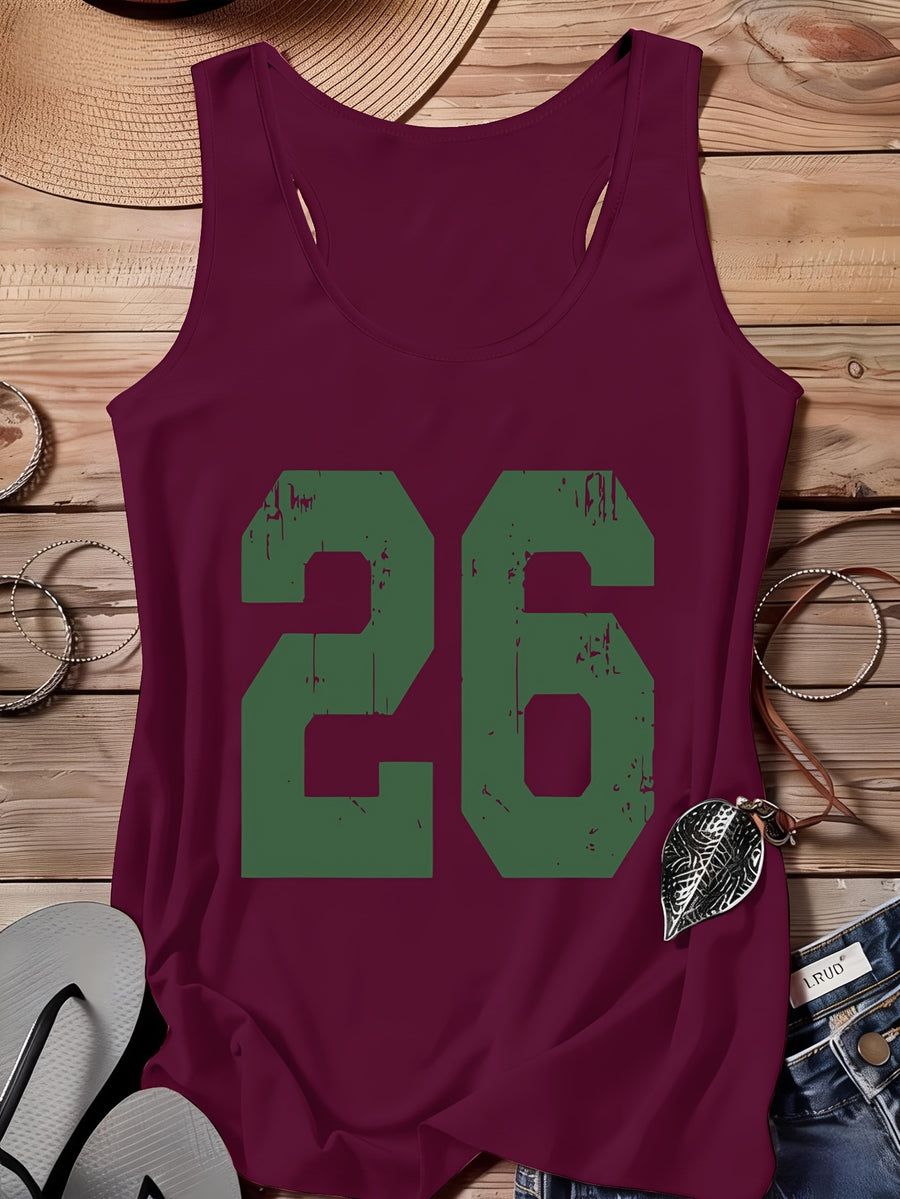 A Series of Arabic Numerals, a Comfortable And Casual Tank Top with a Full Print of The Letter '26', Suitable for Travel, Leisure, And Outdoor Street Scenes - Fuchsia