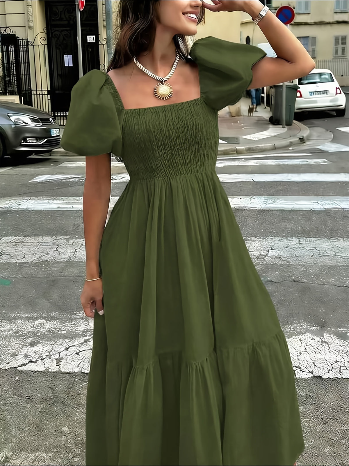 Women's Elegant Square Neck Puff Short-Sleeve Bridesmaid Dress - Shirred High-Waisted Waist-Cinching A-Line Midi Dress with Layered Hem, Suitable for Wedding Guest Dresses, Parties, Daily Wear & Vacation Outfits - Army Green