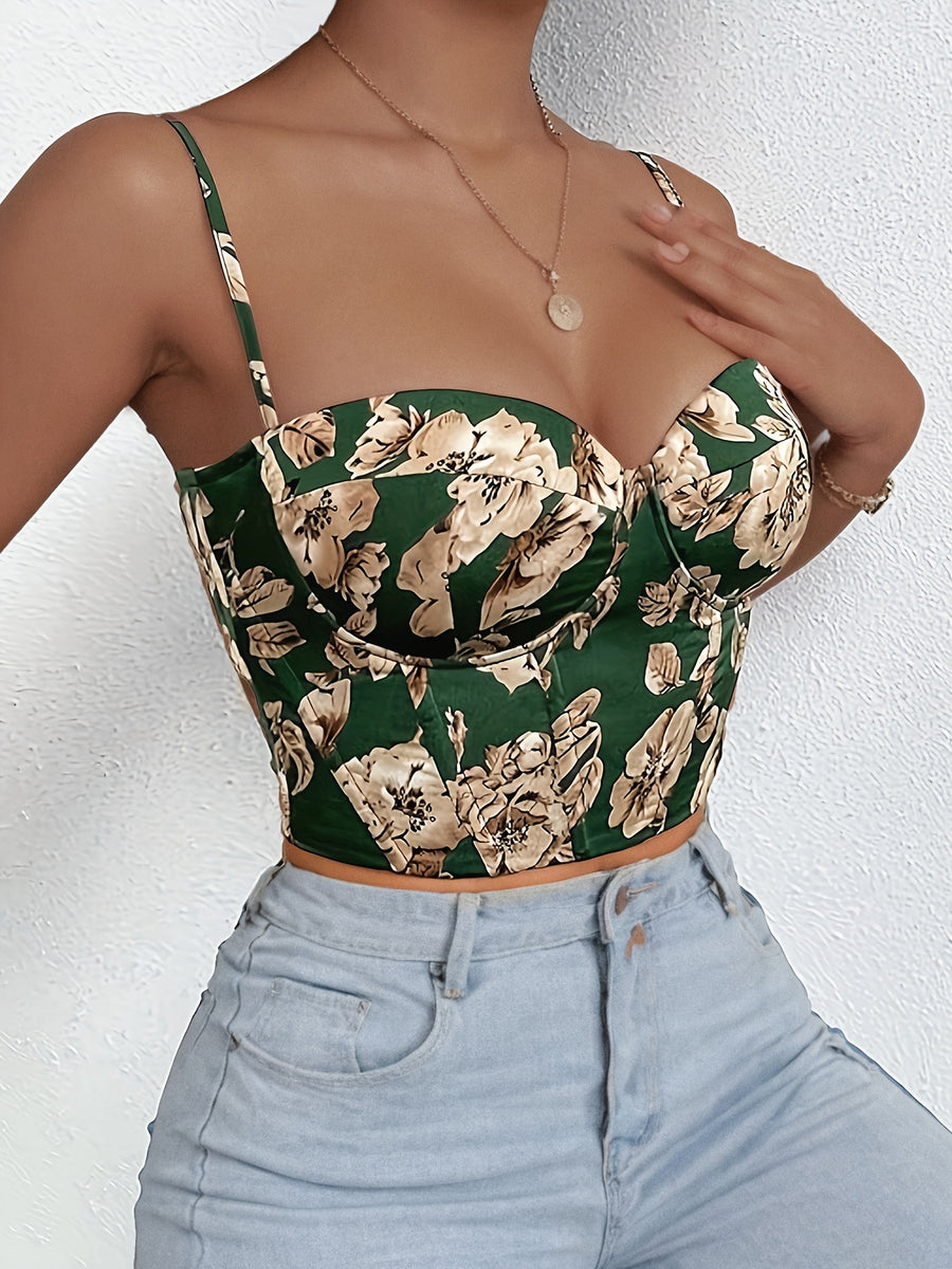 Elegant Special Vintage Floral Print Elegant Short Body-Shaping Camisole with Sexy Boning - Dark Green