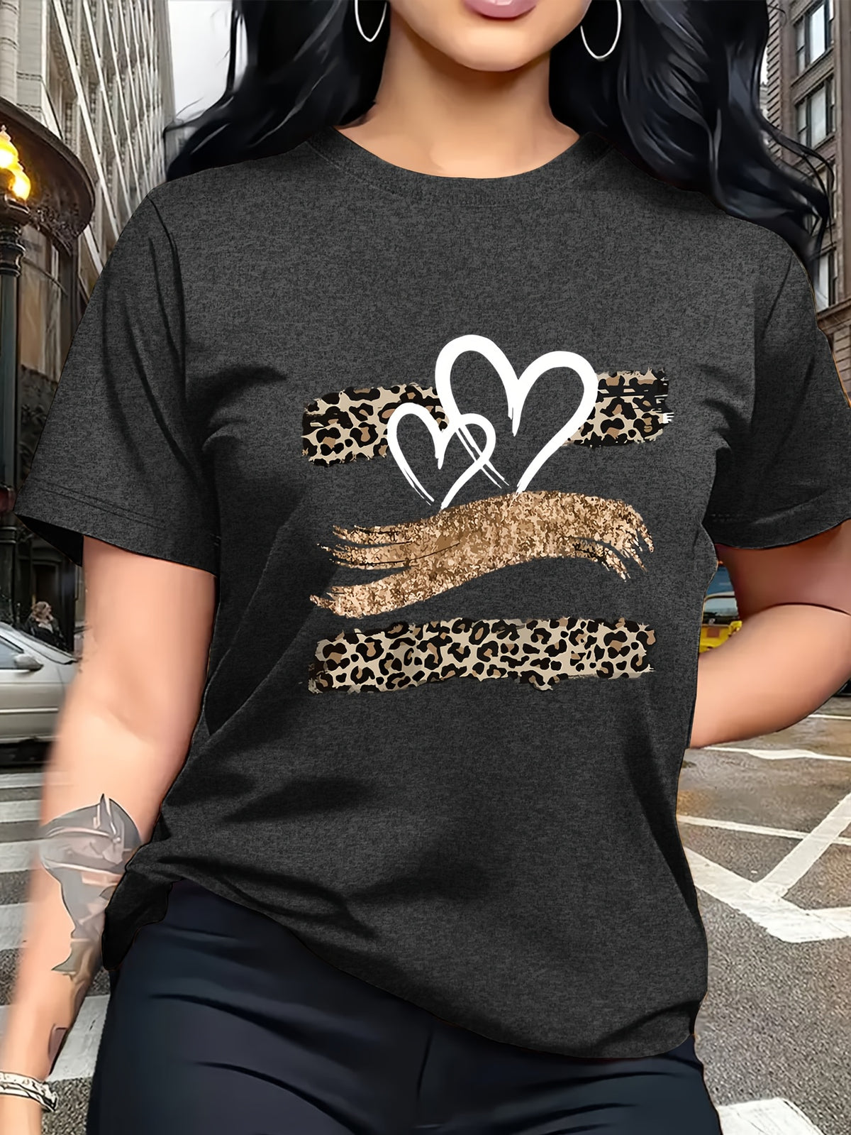 Leopard Print Heart Glitter-themed Pattern Print, Fashionable Breathable T-shirt, for Family Travel,, Casual S, Daily Commutes, Matching Outfits for Sisters, Versatile T-shirt 30057 - Dark Gray