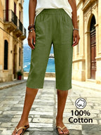 Women's Summer Solid Color Relaxed Fit Casual Mid-Length Pants, Made of Pure Fabric, with Elastic Waistband and Pockets. Loose-Fitting Mid-Length Pants, Suitable for Vacation and Daily Wear - Olive Green