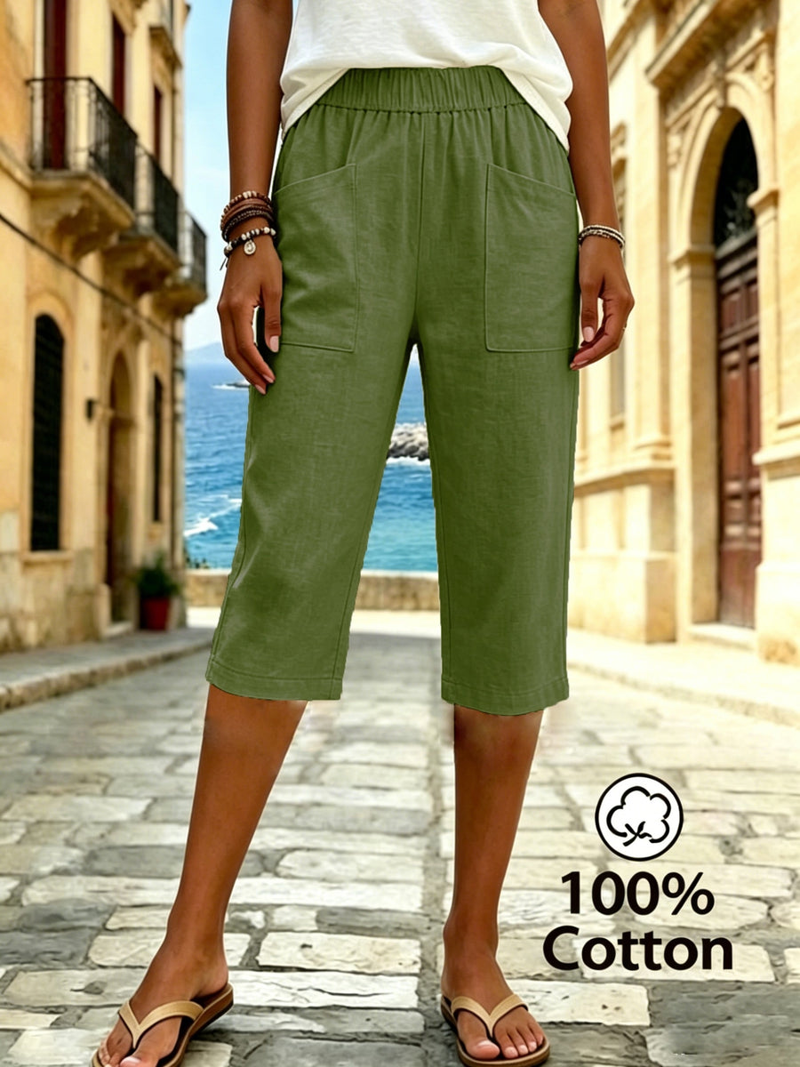 Women's Summer Solid Color Relaxed Fit Casual Mid-Length Pants, Made of Pure Fabric, with Elastic Waistband and Pockets. Loose-Fitting Mid-Length Pants, Suitable for Vacation and Daily Wear - Olive Green