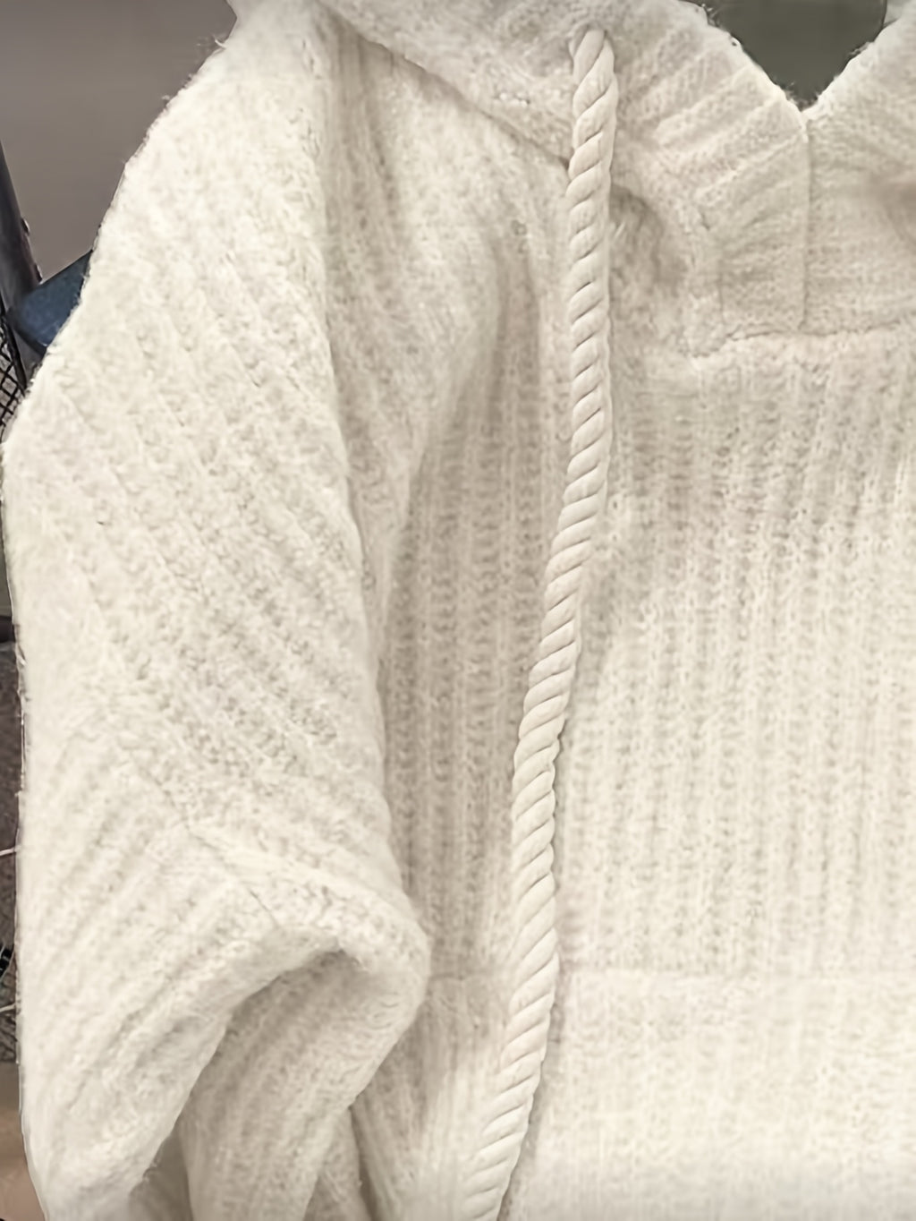 Hooded Chunky Cable- Sweater with Coarse Ribbed Texture, Tassels, Drawstring, Vertical Ribbed Detailing, and a Relaxed Fit. This Long-sleeve Pullover Features a Simple, Casual Design for a Laid-back and Effortless Look - Off-white