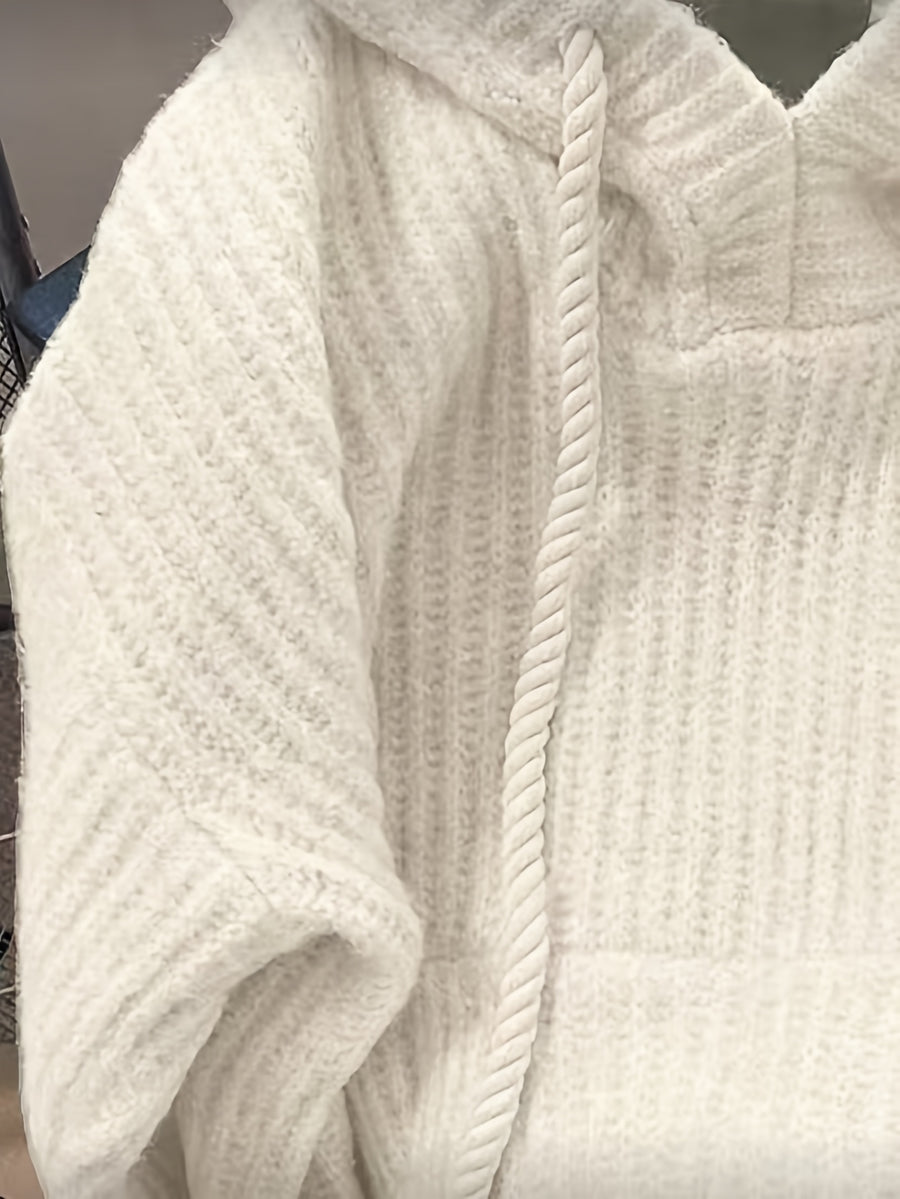 Hooded Chunky Cable- Sweater with Coarse Ribbed Texture, Tassels, Drawstring, Vertical Ribbed Detailing, and a Relaxed Fit. This Long-sleeve Pullover Features a Simple, Casual Design for a Laid-back and Effortless Look - Off-white