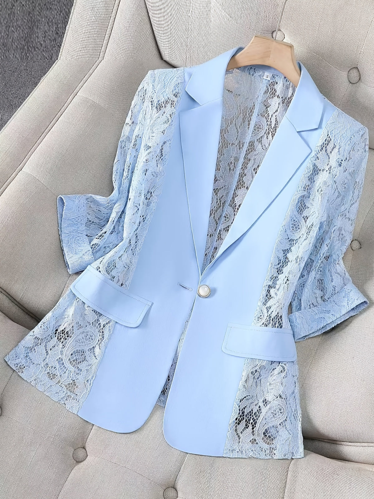 Women'S Thin Patchwork Lace Lightweight Suit Design Casual Temperament Three-Quarter Sleeve Casual Lapel Suit Top - Light Blue