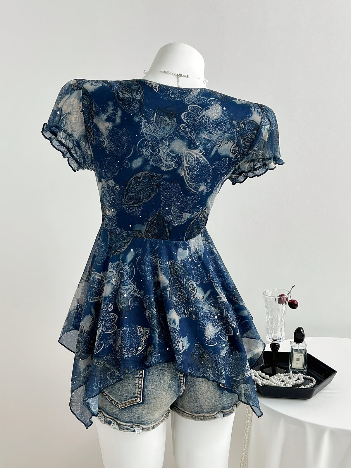 Women's Navy Blue Y2K Style Top, Irregular Hem with Mesh Patchwork and Ethnic Print Camisole, Casual Beach Camisole ZLLZ - Navy Color