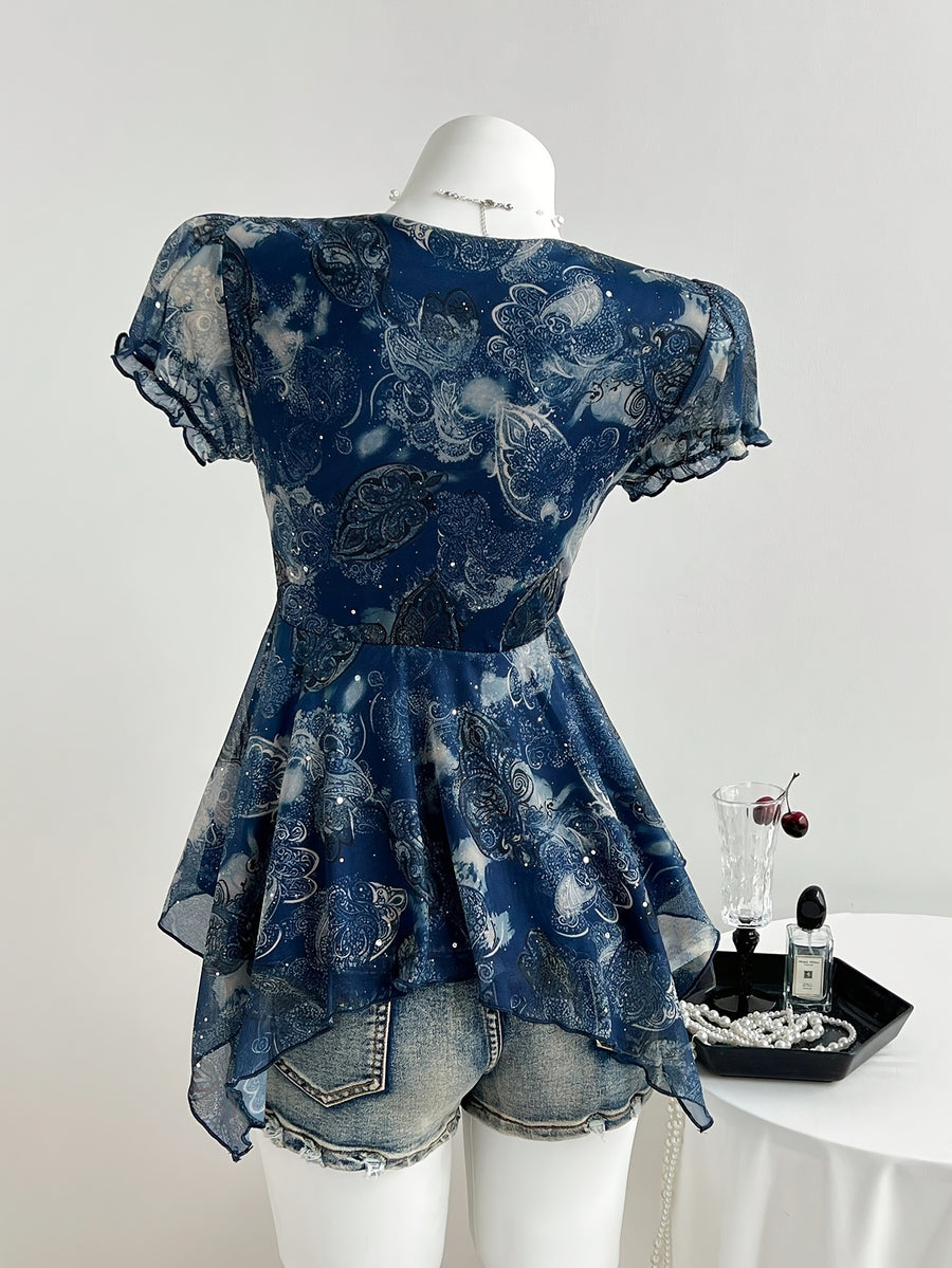 Women's Navy Blue Y2K Style Top, Irregular Hem with Mesh Patchwork and Ethnic Print Camisole, Casual Beach Camisole ZLLZ - Navy Color